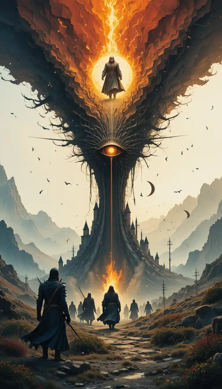 Illustrazione grafica di un signore oscuro su un campo di battaglia vulcanico