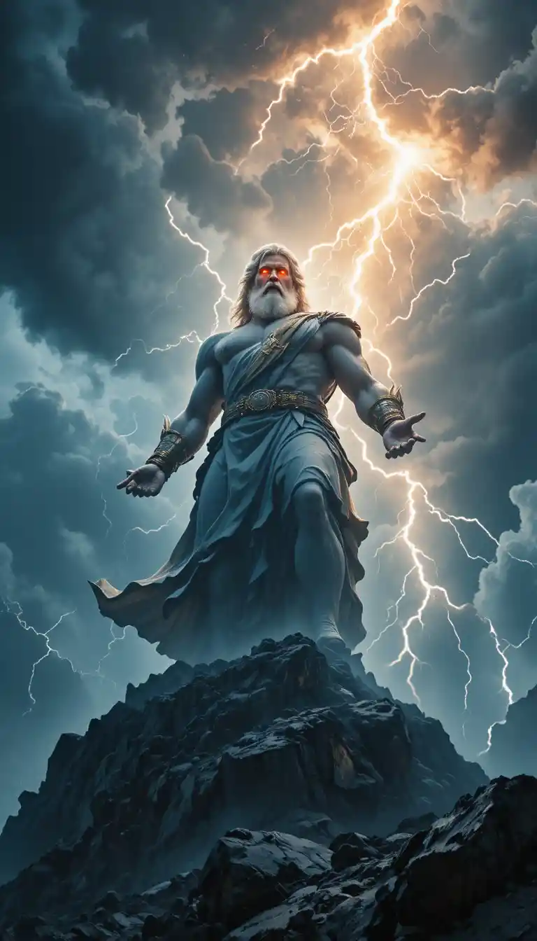 Mythic storm god towering above a lightning filled sky