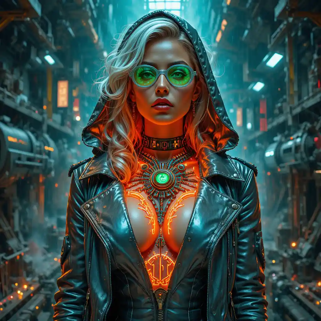 Cyberpunk femme fatale in neon maglev engine close up