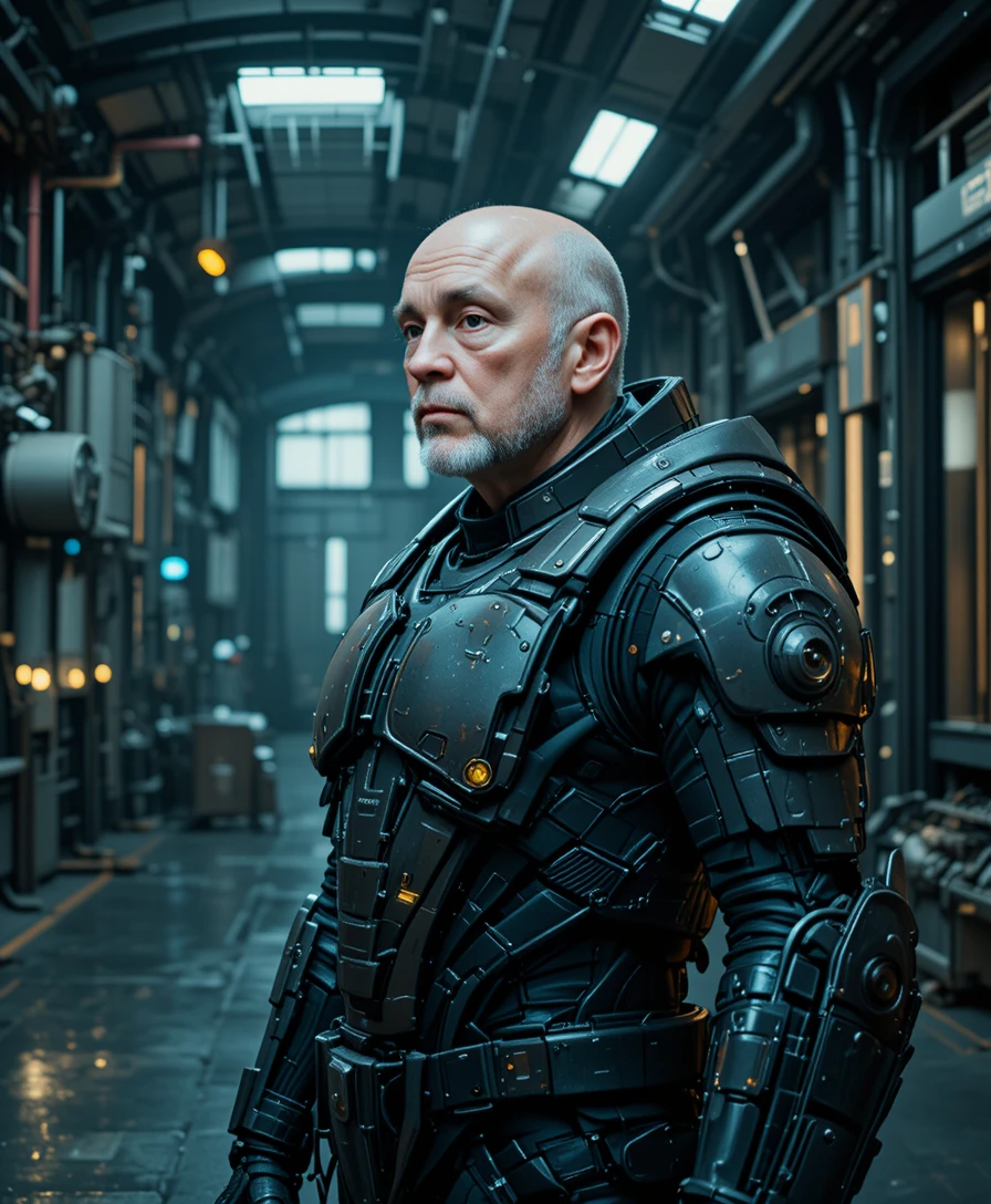 Soldado blindado em instalação industrial futurista em vista lateral