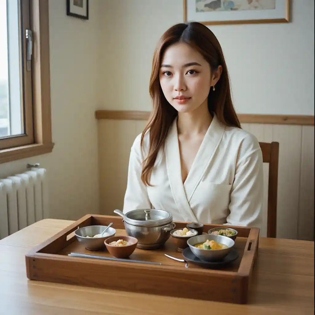 Young korean woman at a breakfast table in film snapshot