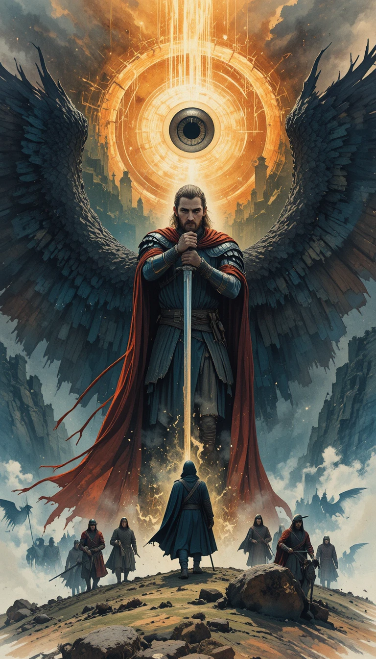 Graphic illustration of a dark lord over a fantasy battlefield
