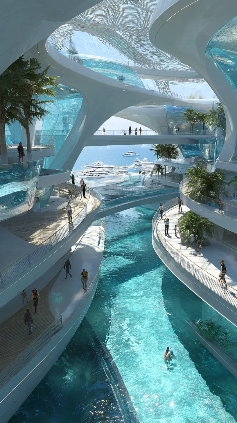 Centre culturel côtier futuriste avec canaux en verre et terrasses