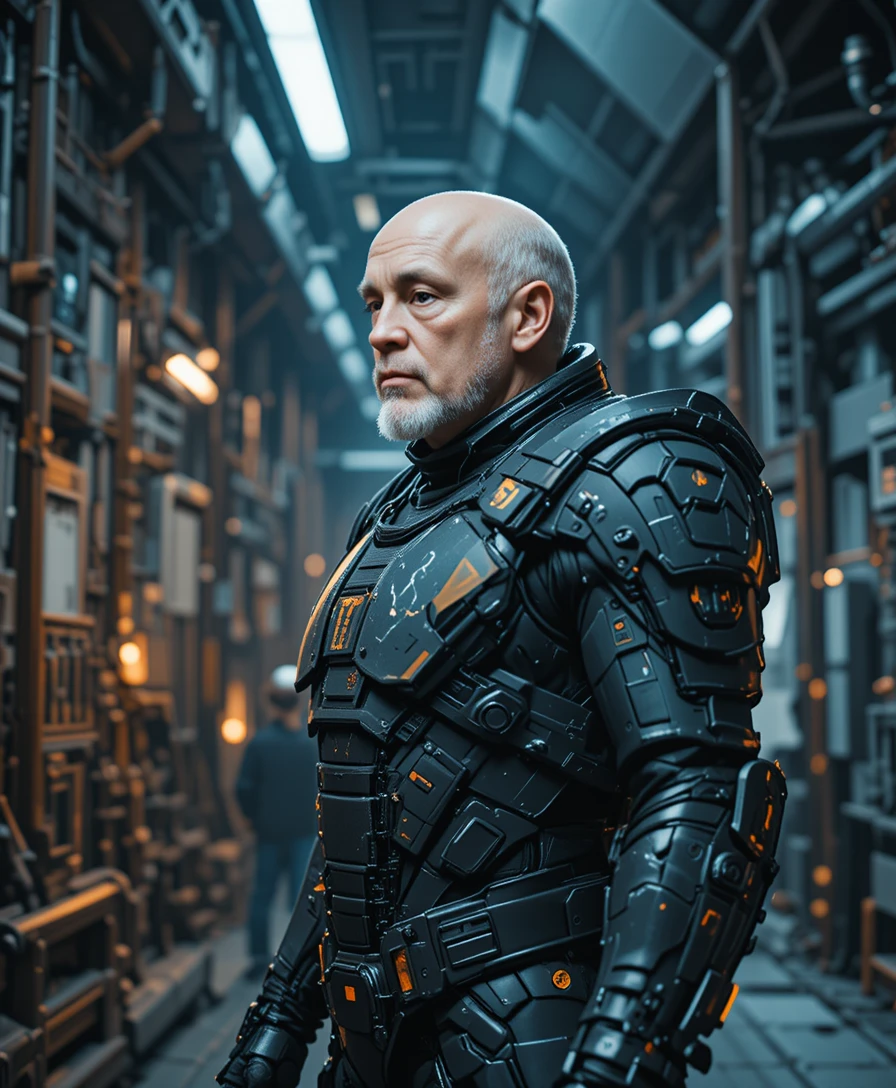 Armored sci fi soldier in a futuristic industrial facility