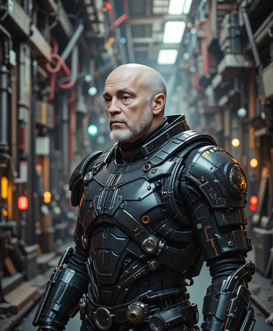 Soldado blindado em instalação industrial futurista de perfil