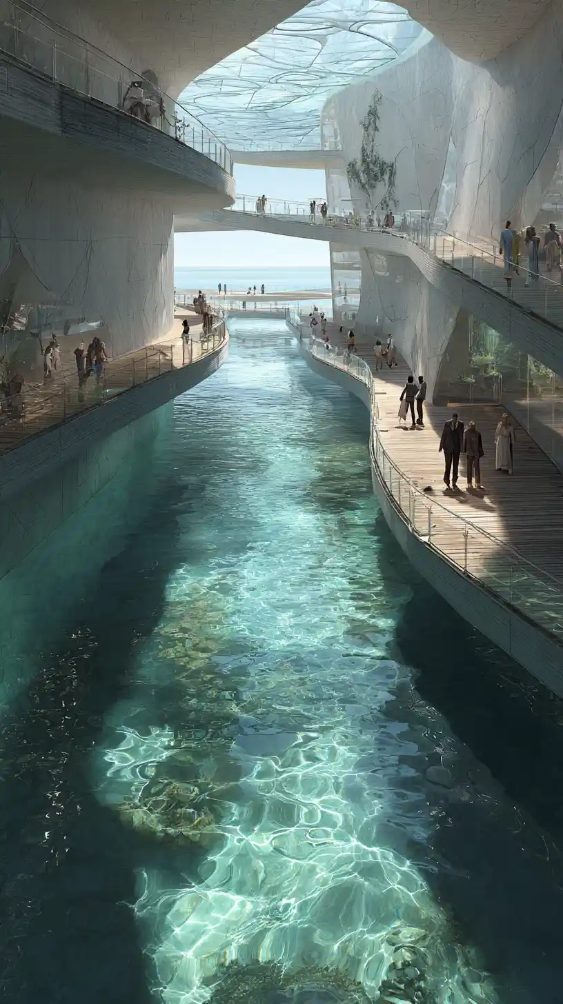 Centre culturel futuriste en bord de mer avec canaux de verre et terrasses