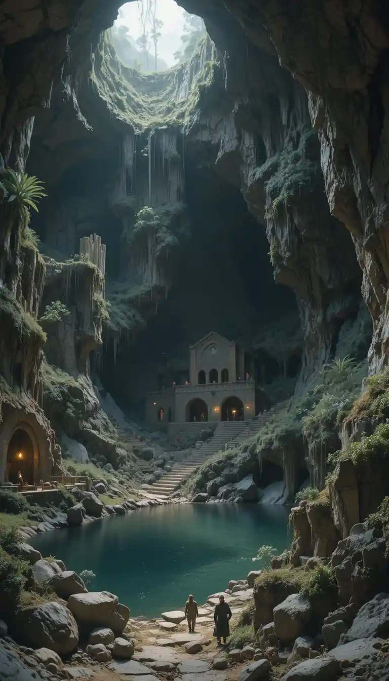 Ancient dwarven mines beneath the misty mountain range