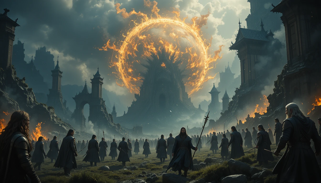 Guerrier fantastique sur un champ de bataille sombre dans une scène de guerre au Mordor