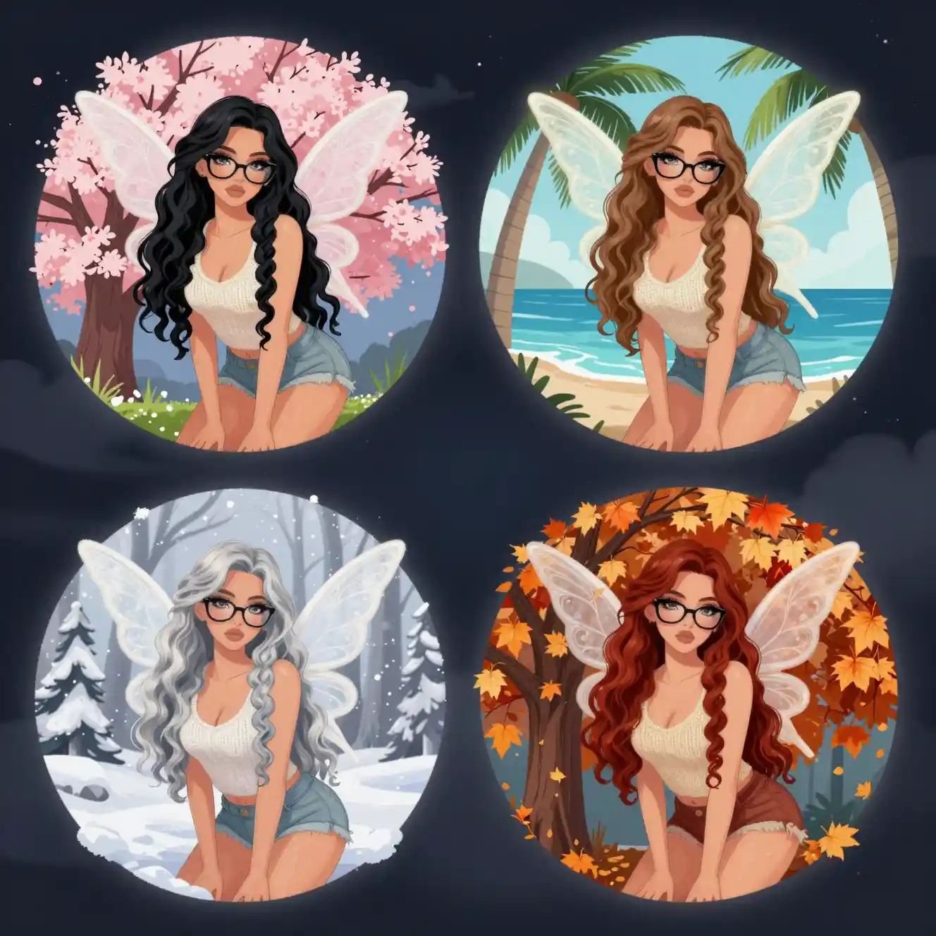 Anime fairy woman at night in a four season layout