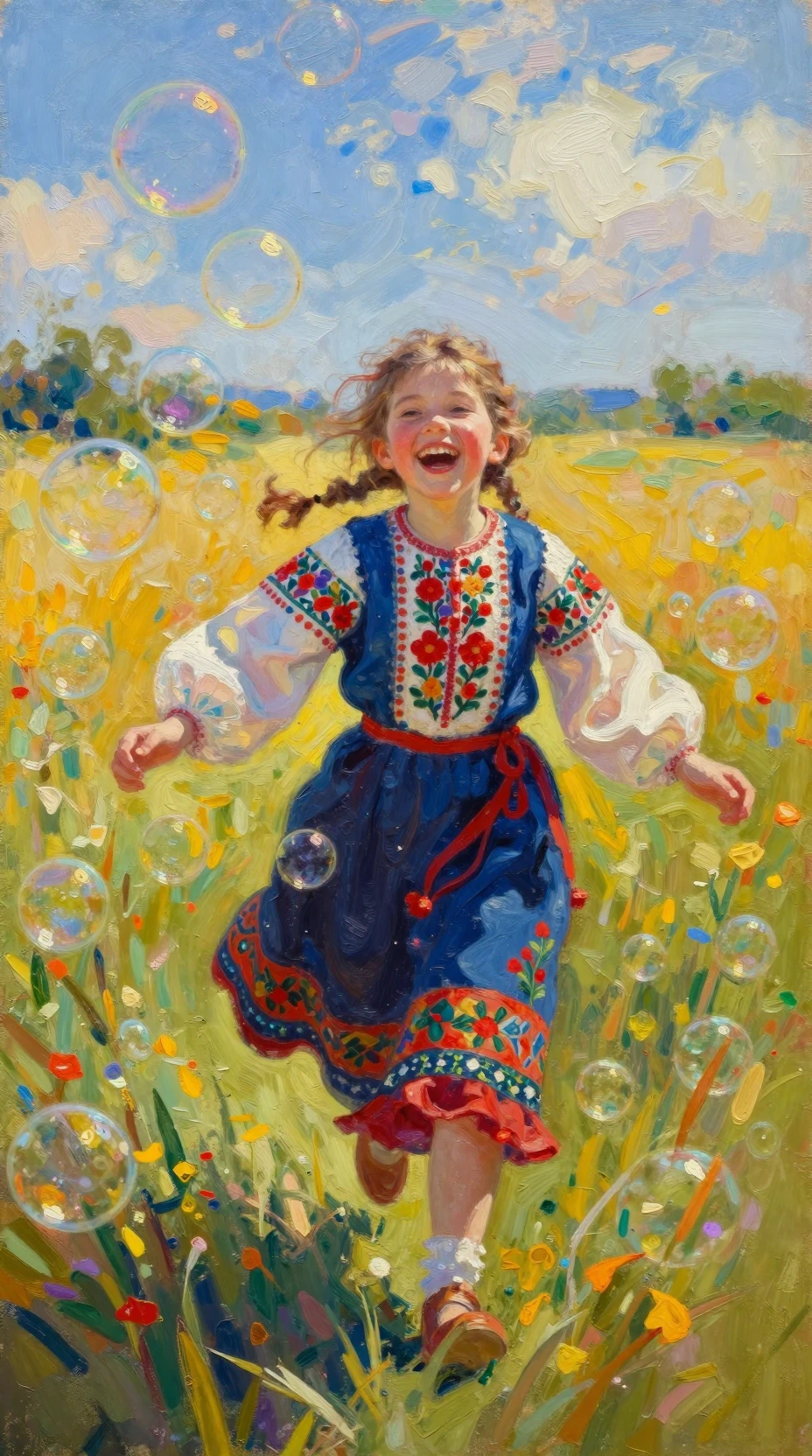 Laughing Slavic girl chasing bubbles in a sunny meadow