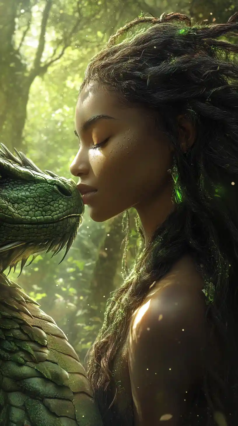 陽光差し込む古代の森でドラゴンと佇むアフロフューチャリスティックな女性