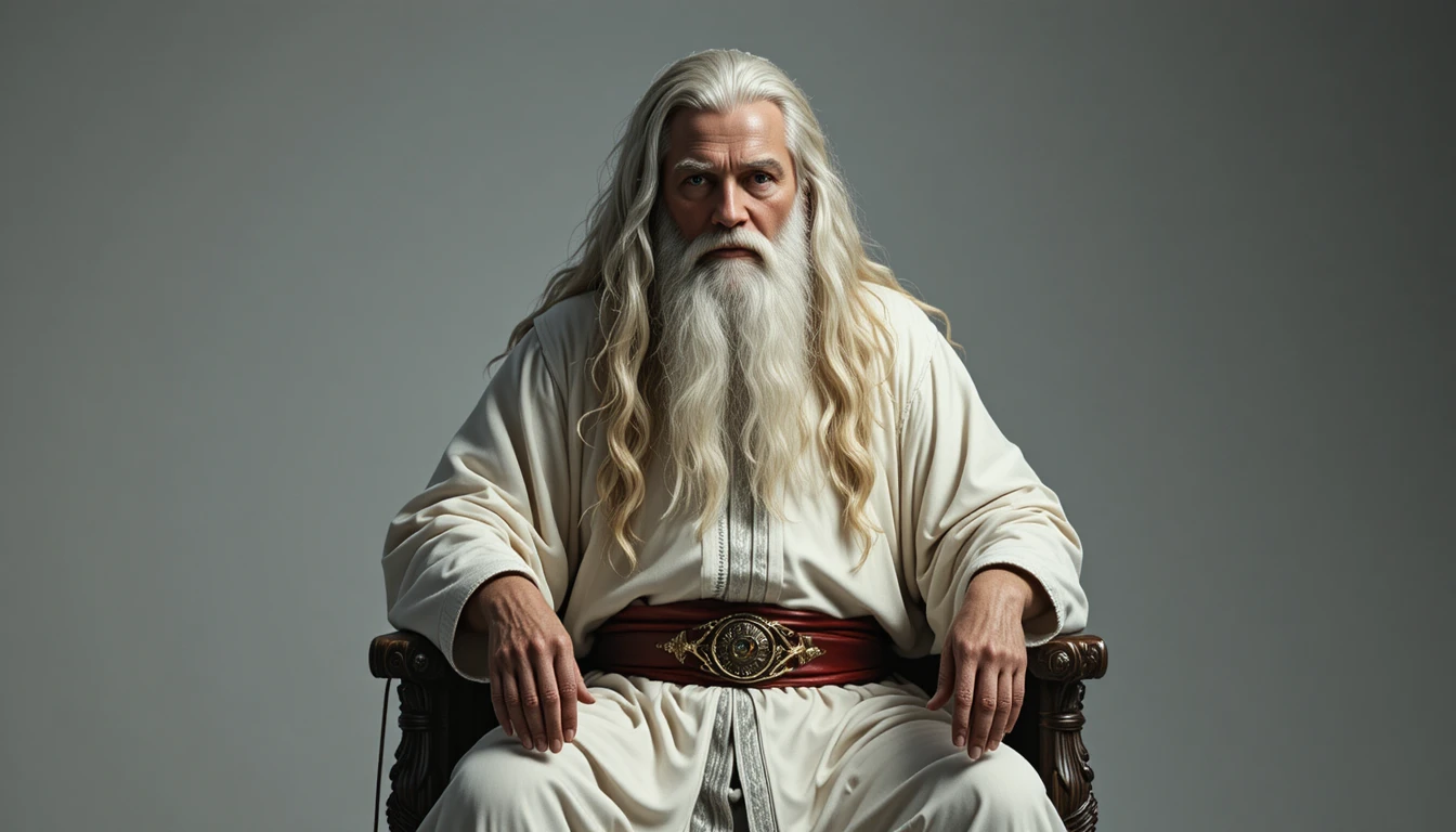 Mago de manto branco com terceiro olho em retrato dramático