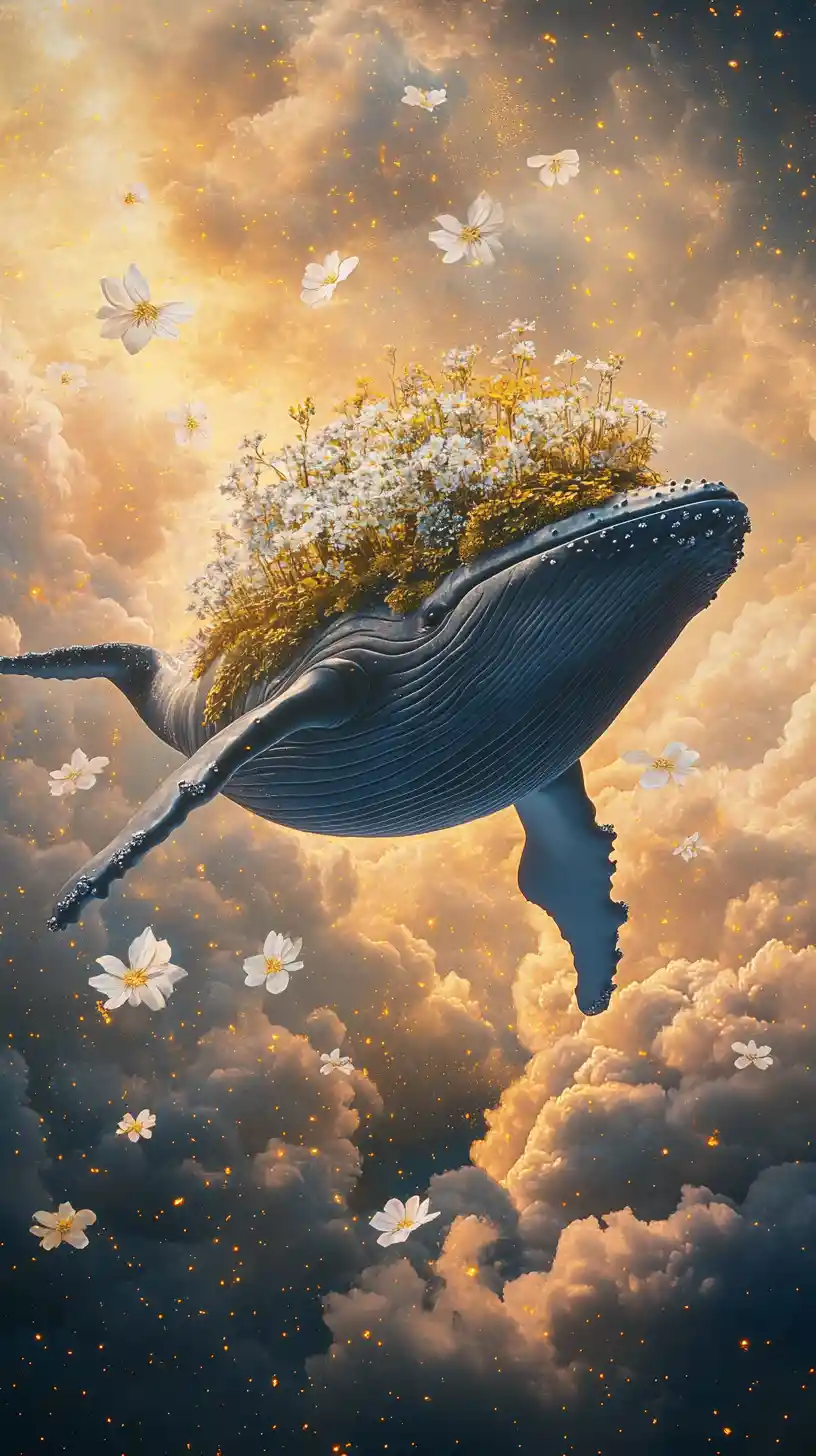Majestueuse baleine bleue portant un jardin victorien dans le ciel