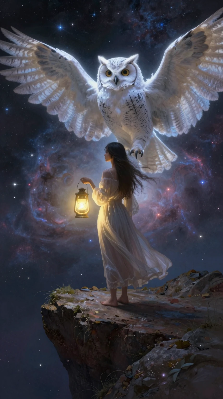 Woman with lantern on cliff before a cosmic nebula