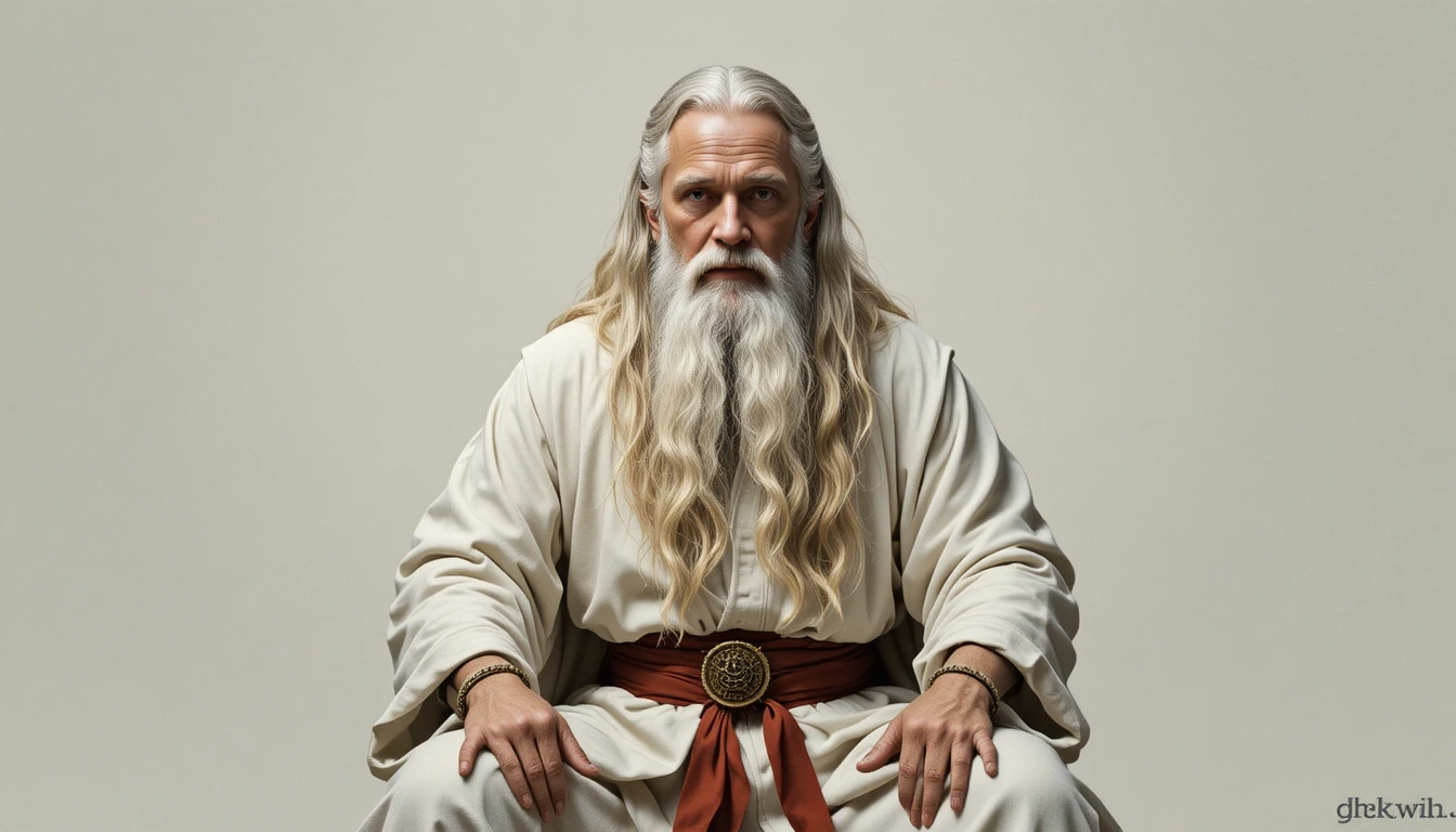 Retrato solene de mago de manto branco com terceiro olho