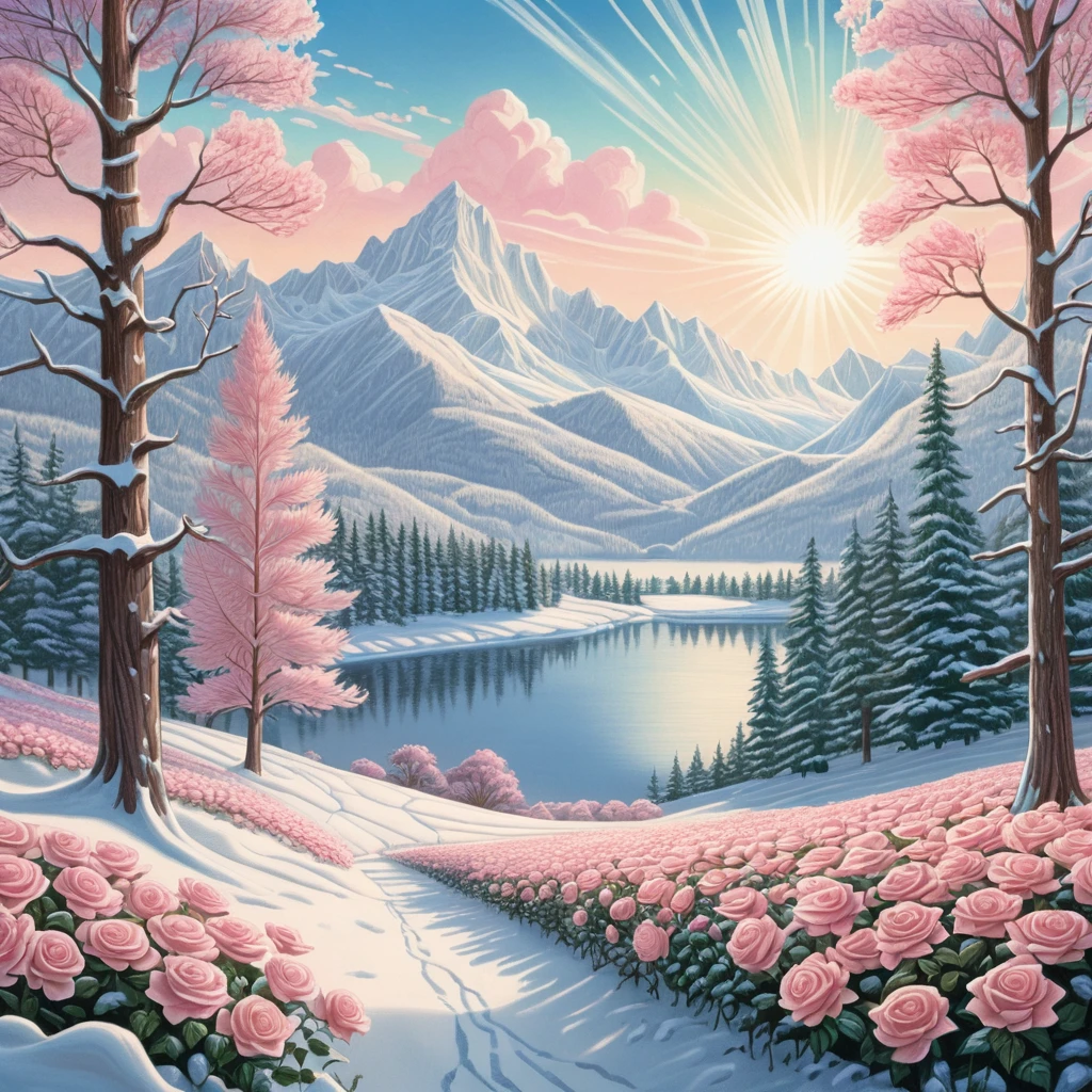 Prairie d’hiver enneigée avec arbres baignés de soleil et montagnes lointaines