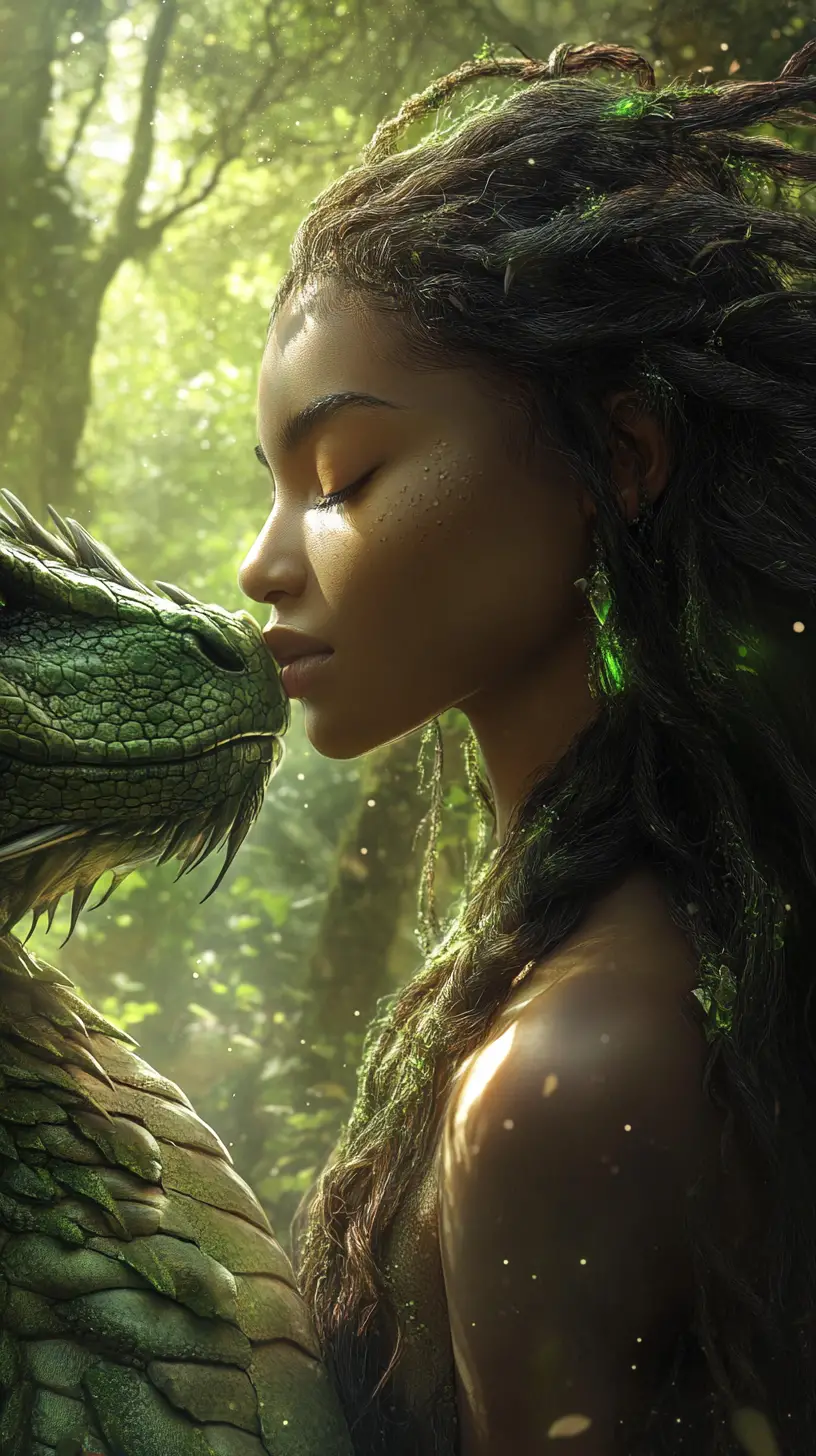 Afrofuturistische Frau mit Drache im sonnen­durchfluteten uralten Wald