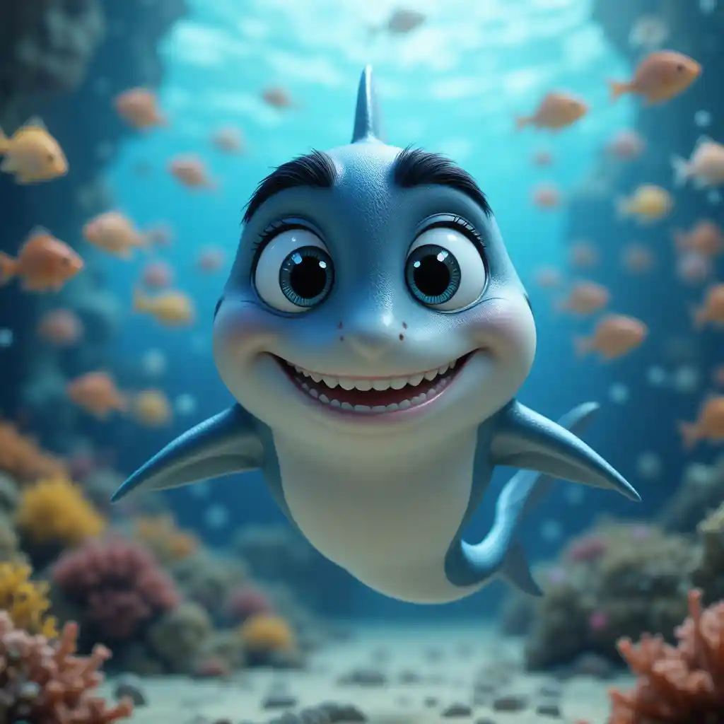Divertido personaje de tiburón 3D con grandes ojos expresivos