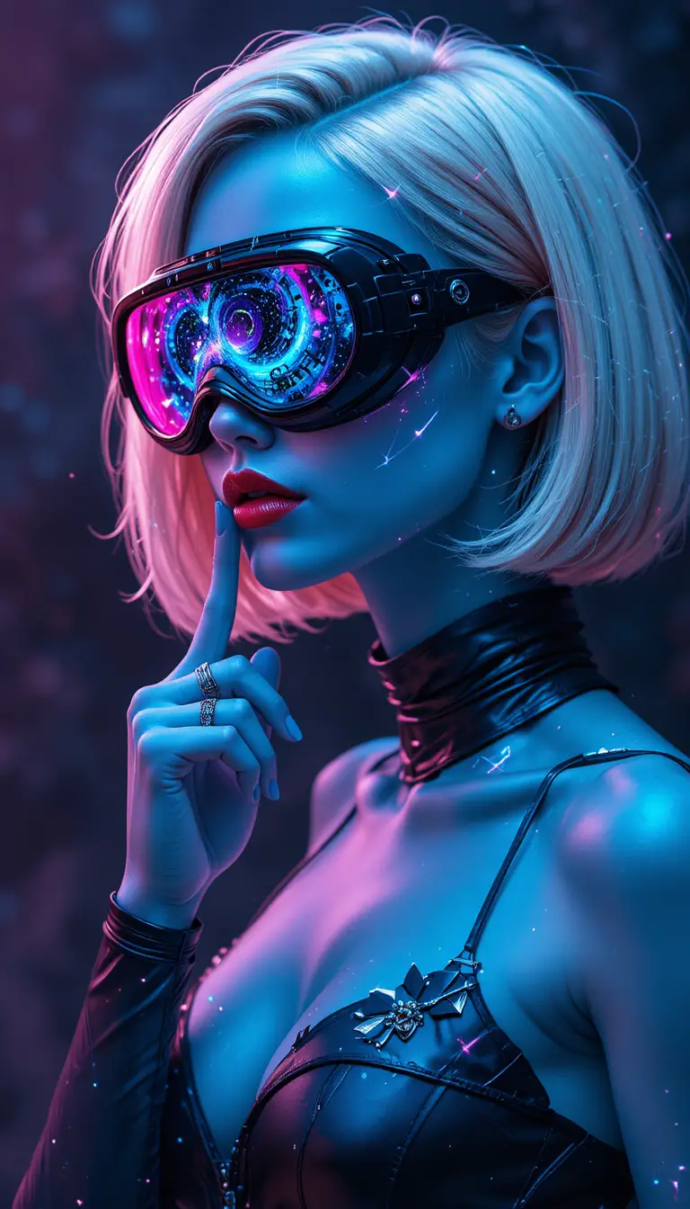 Blue skinned sci fi woman with galaxy goggles
