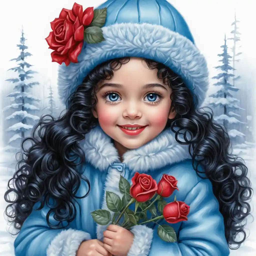Bambina sorridente in inverno con rose, cappello blu e cappotto di pelliccia