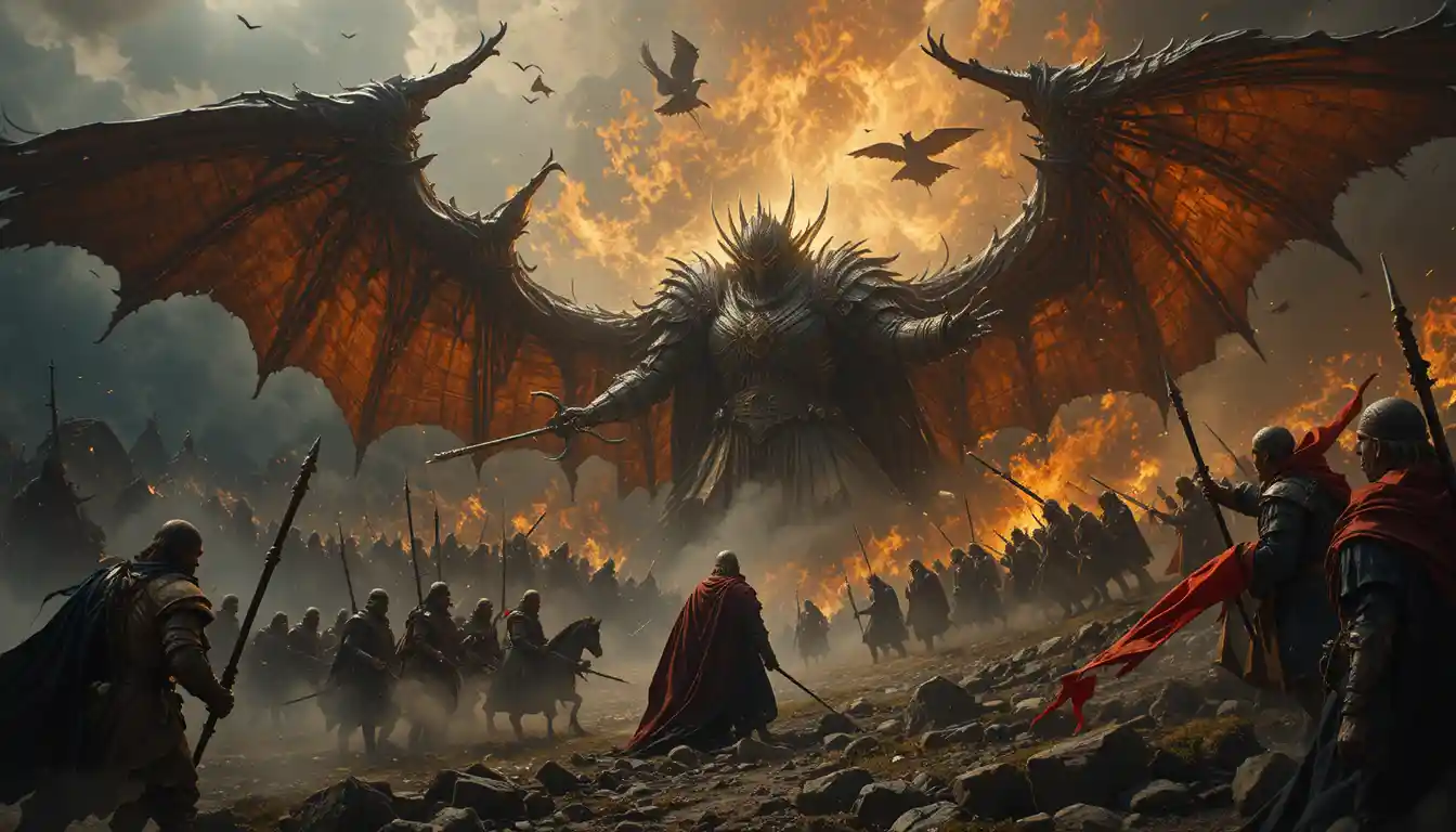Guerreros de fantasía épica chocan en un oscuro campo de batalla de Mordor