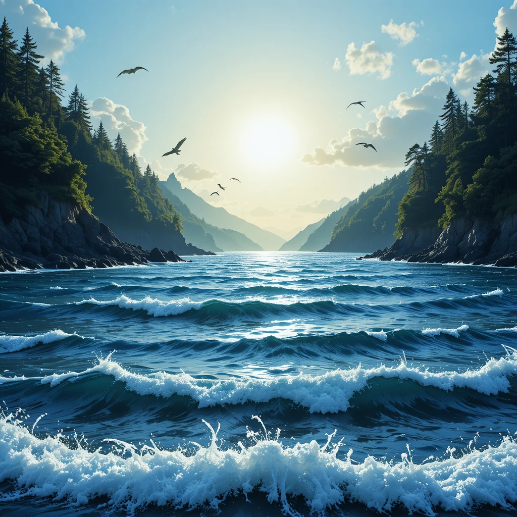 Vista calma do oceano com ondas iluminadas pelo sol e pássaros ao longe