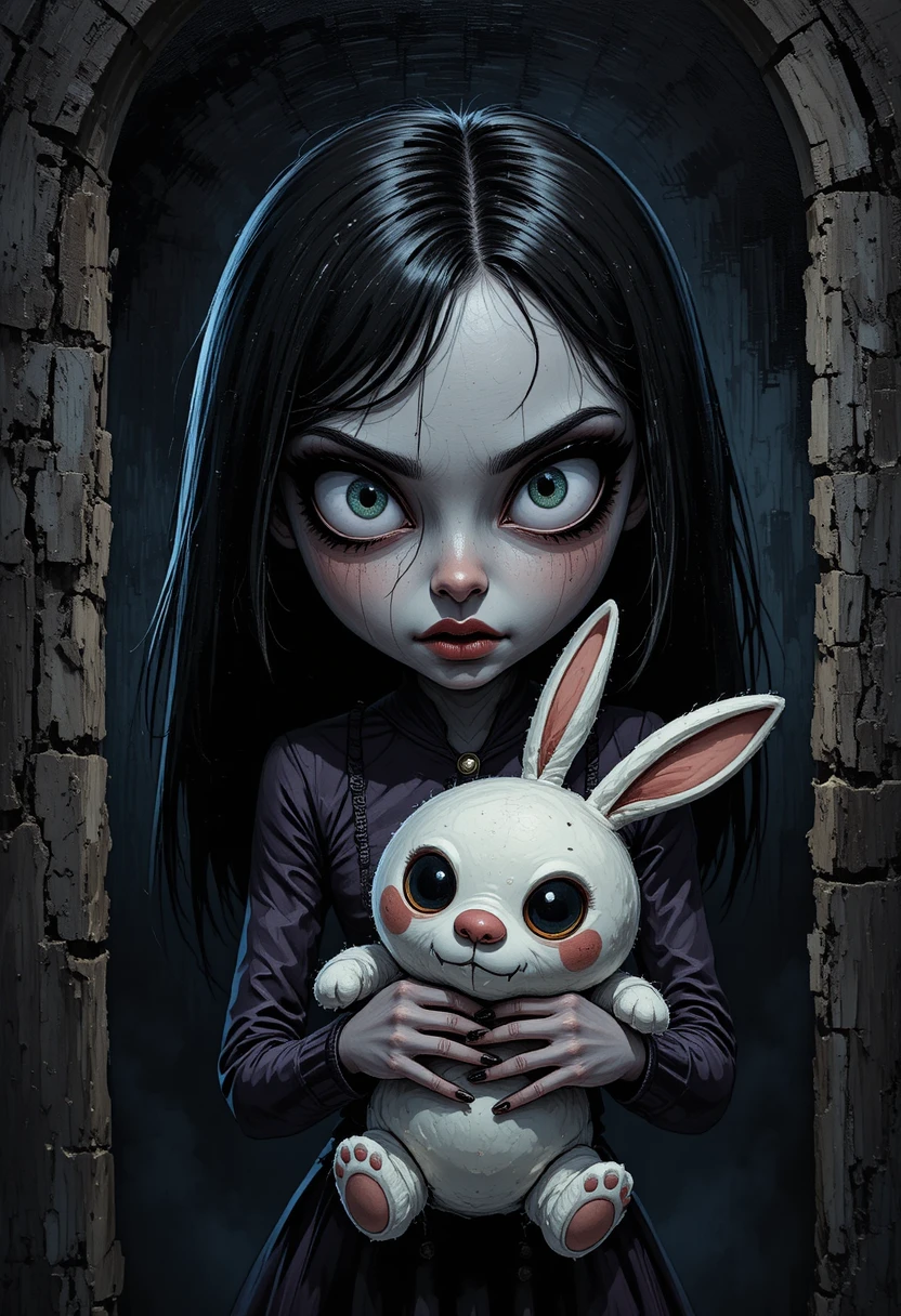 Sinister girl holding plush rabbit in dark cartoon room