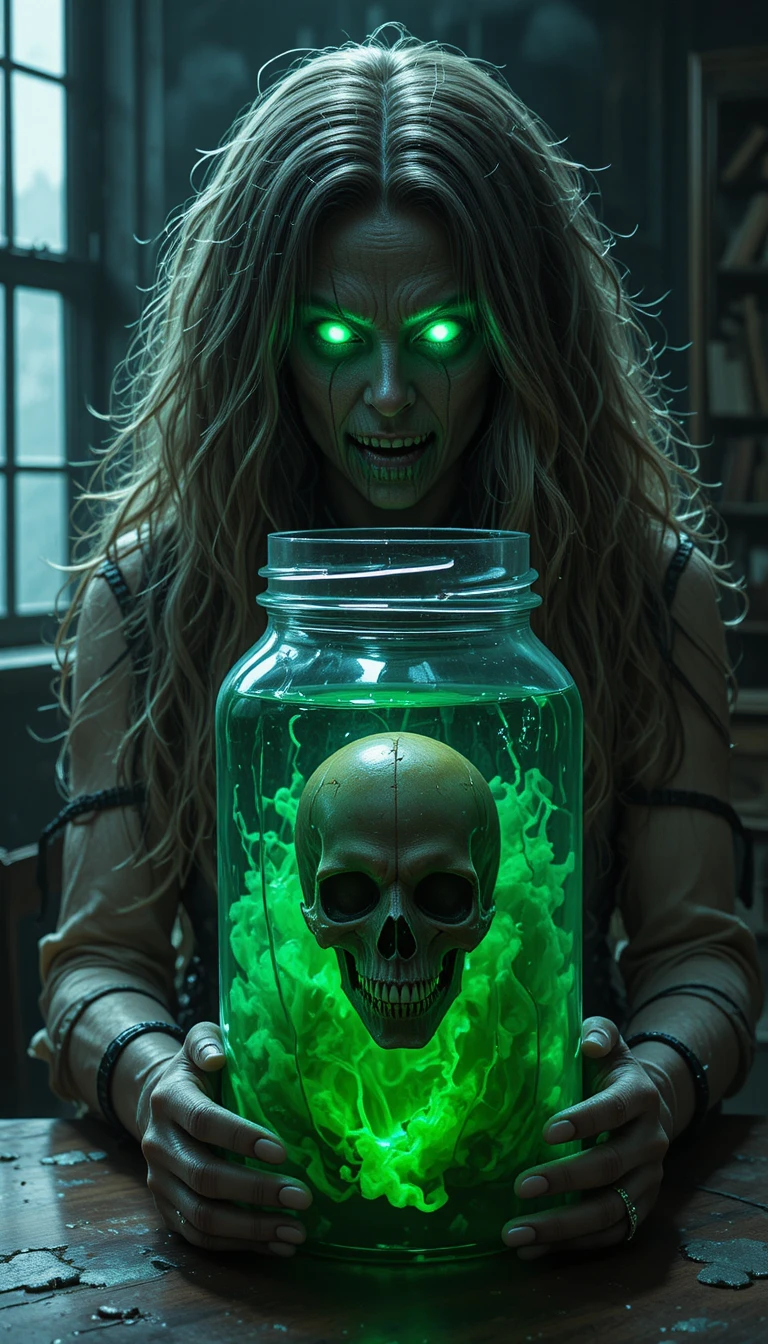 Werewolf skull in a jar with eerie green glowing eyes