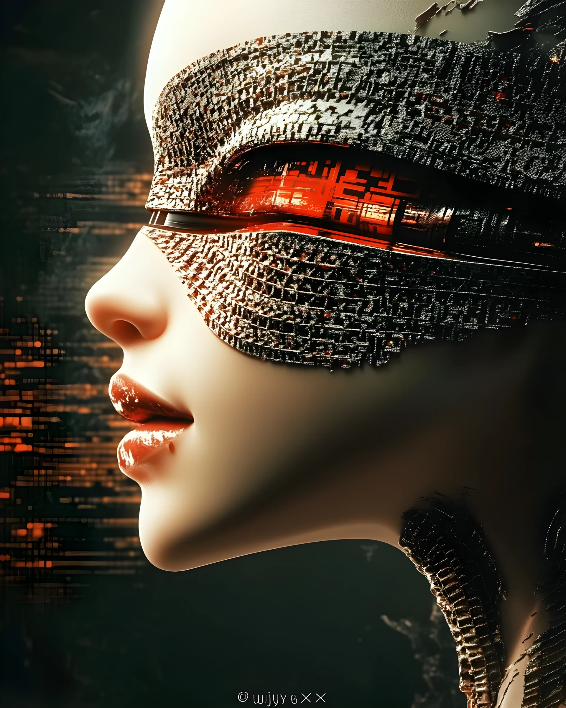 Retrato de gueixa cyberpunk com fundo neon glitch