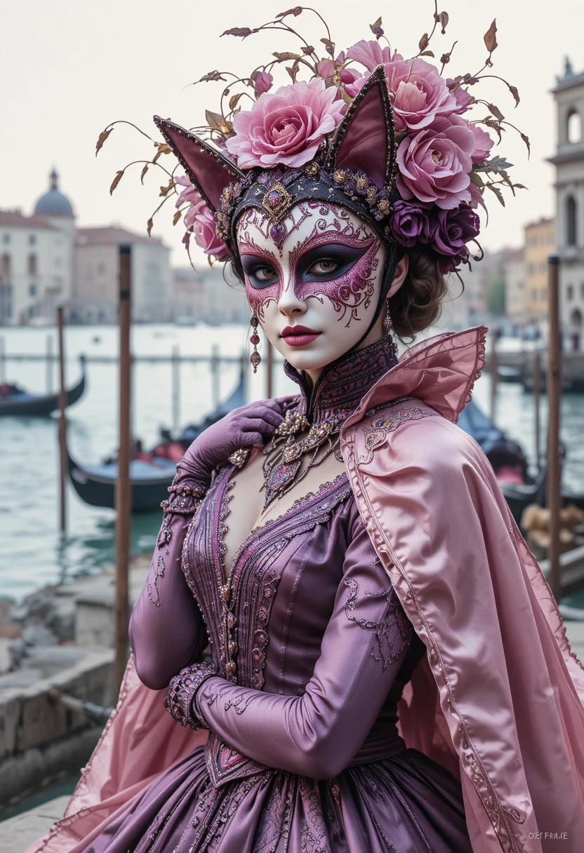 Venetian carnival woman in cat mask by the gondola bay