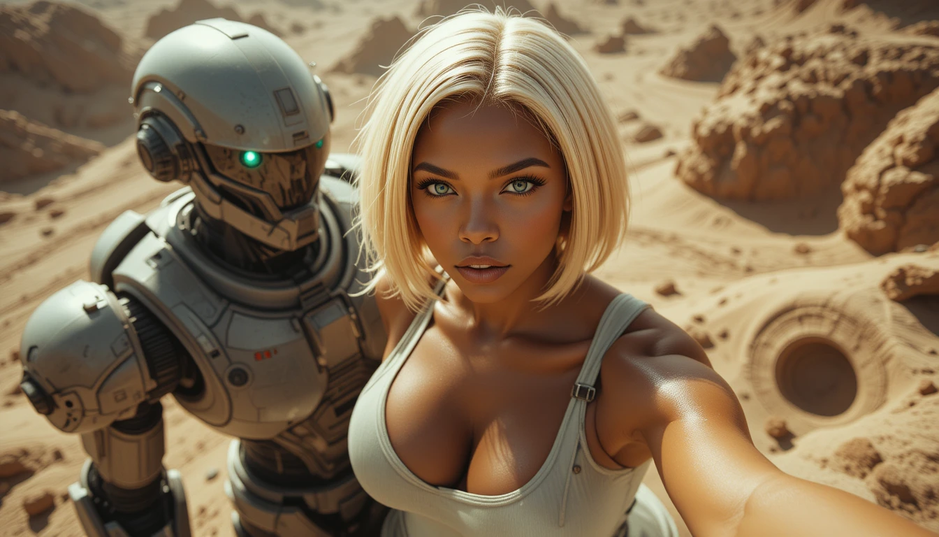 Overhead view of sci fi woman beside robot on alien world
