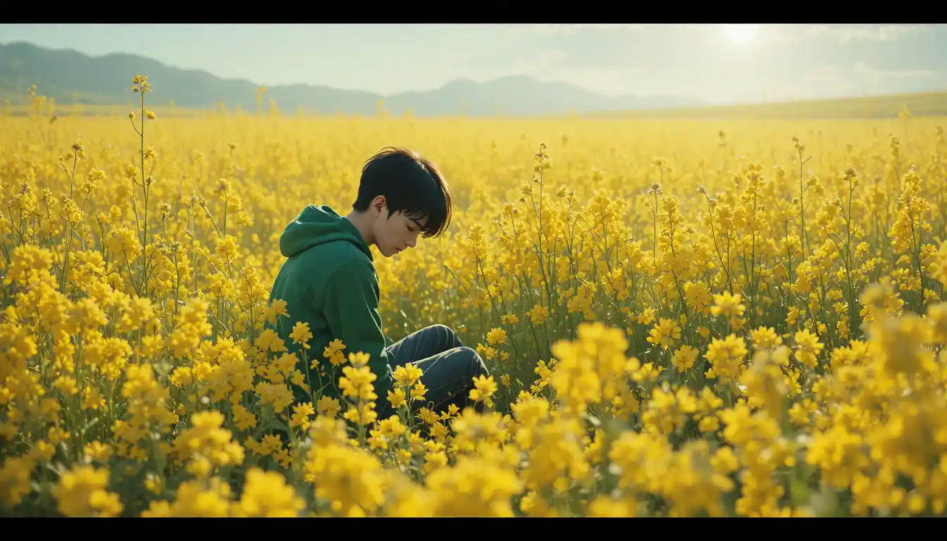 Adolescent assis seul dans un champ de fleurs jaunes