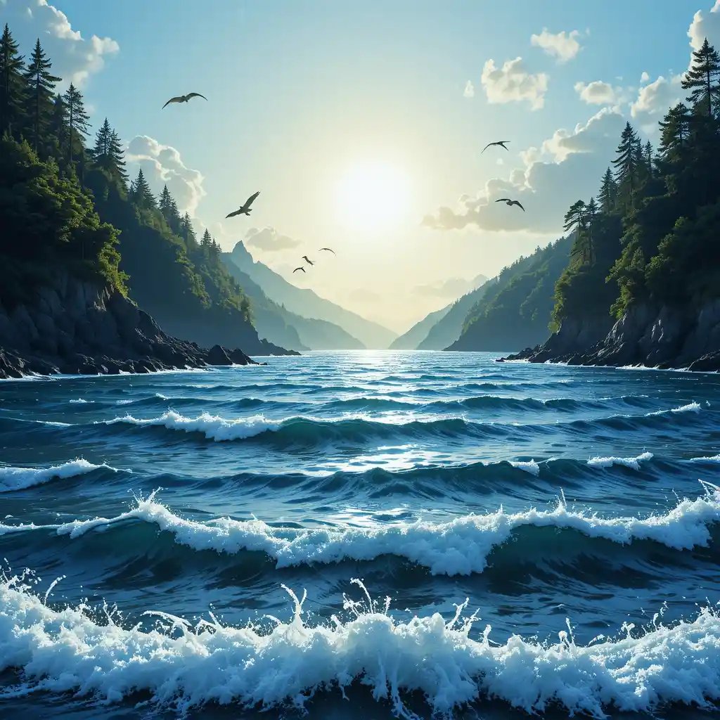 Vue paisible sur l’océan avec vagues ensoleillées et oiseaux au loin