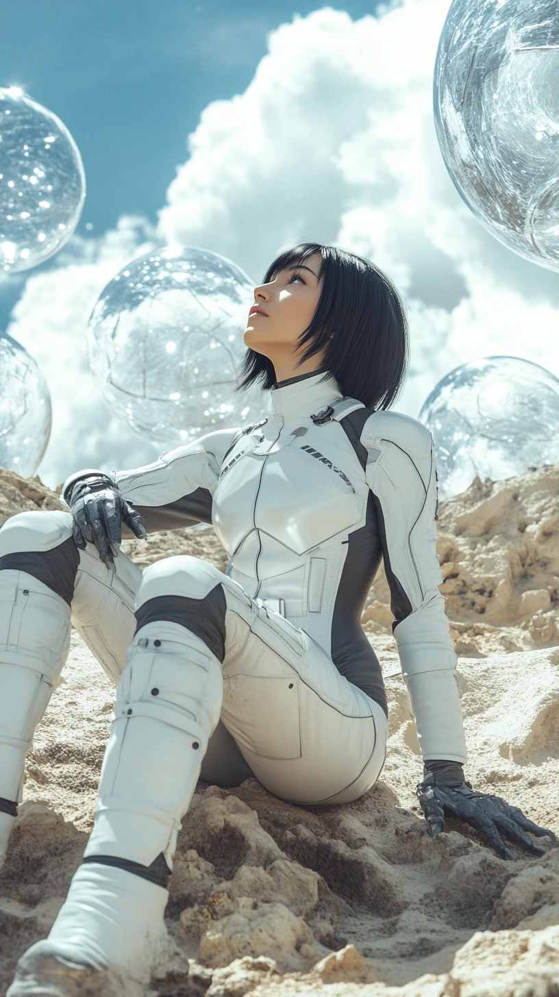 Woman in futuristic spacesuit gazing upward in desert landscape
