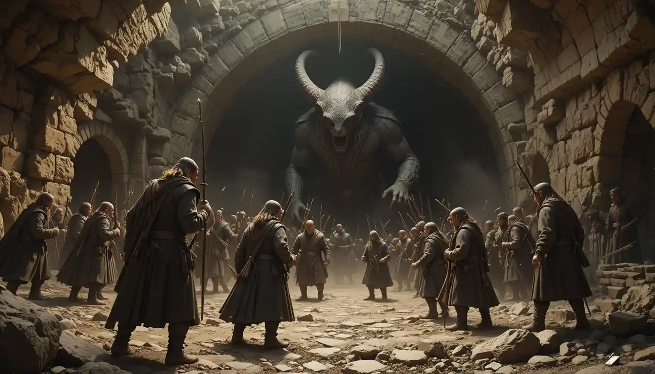 Dwarf leader guiding his company into the halls of Moria