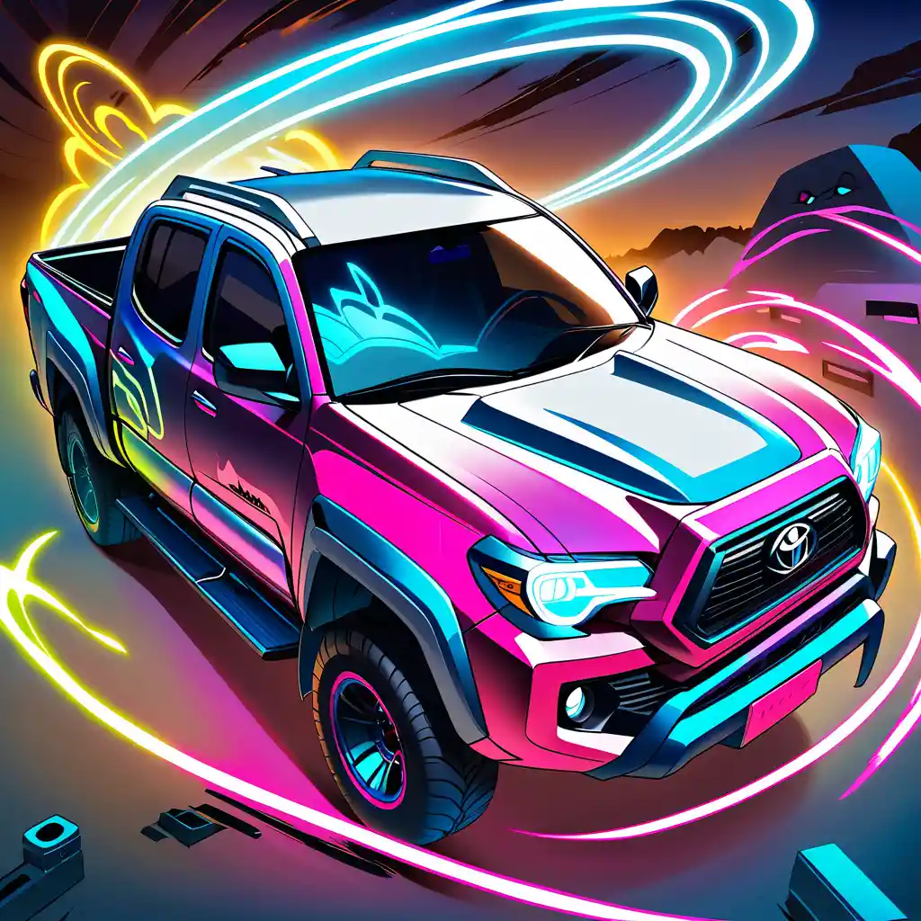 Ilustración synthwave neón de una camioneta Toyota Tacoma
