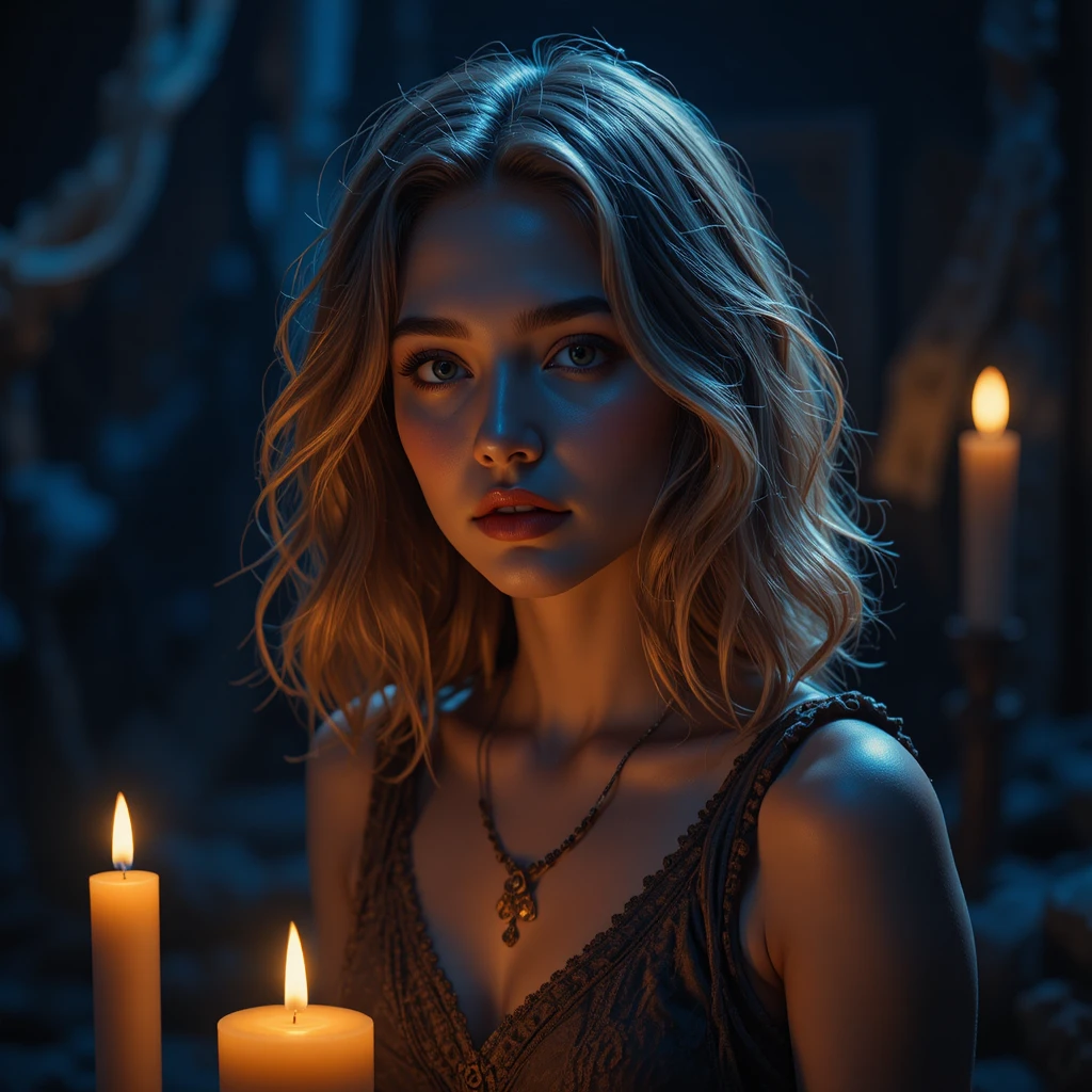 Young woman by candlelight in a moody cinematic portrait
