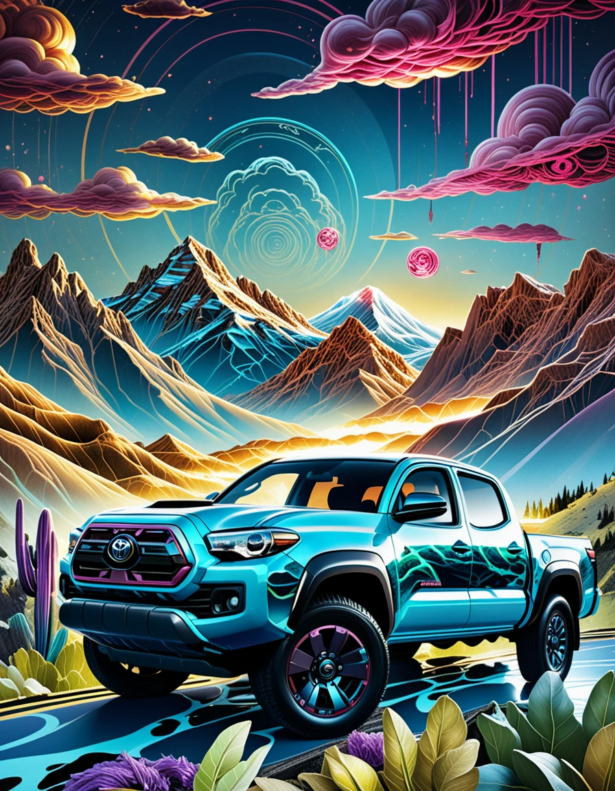 Camioneta Toyota Tacoma en un crepúsculo de montaña synthwave neón