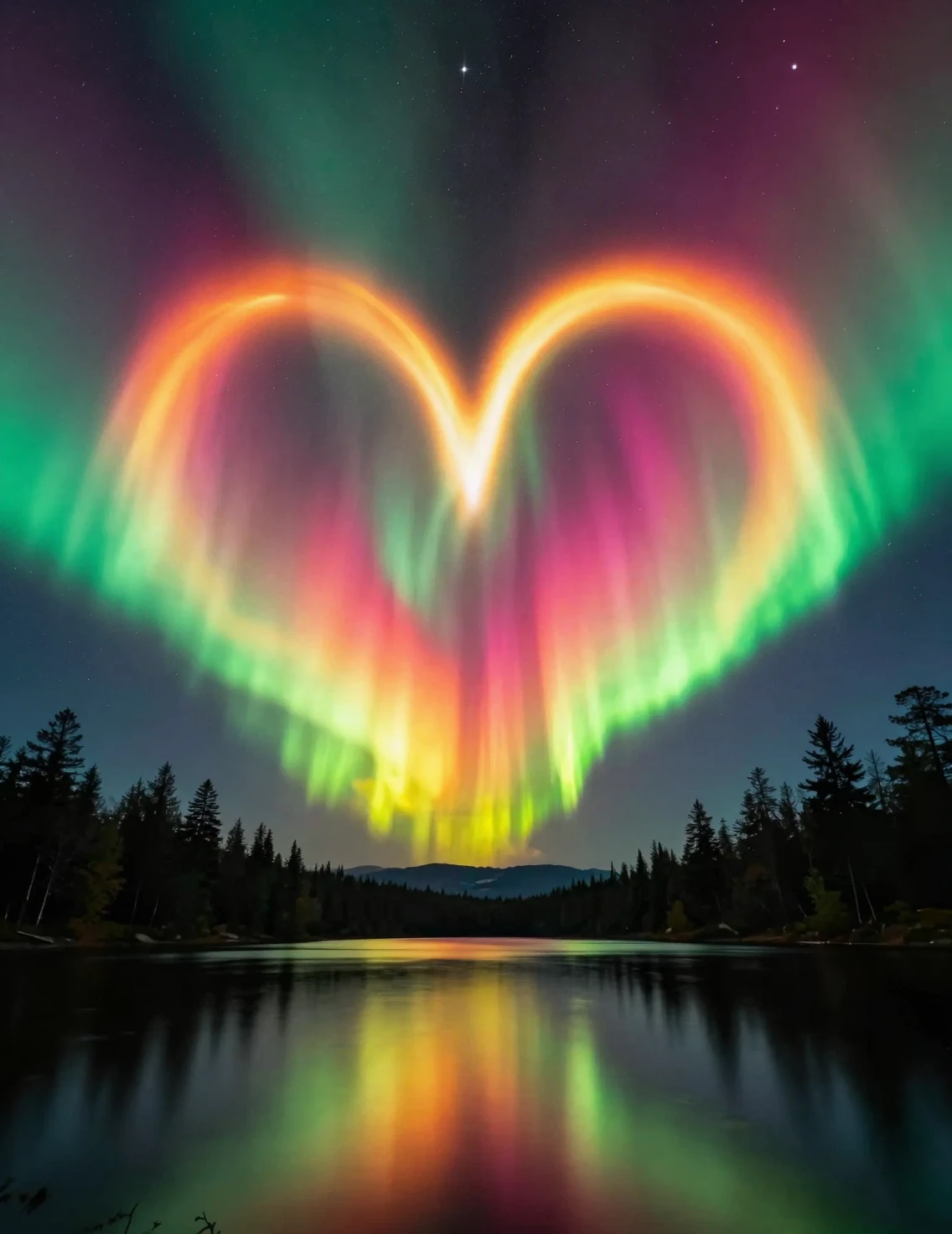 Aurora em forma de coração refletida em um lago de montanha calmo