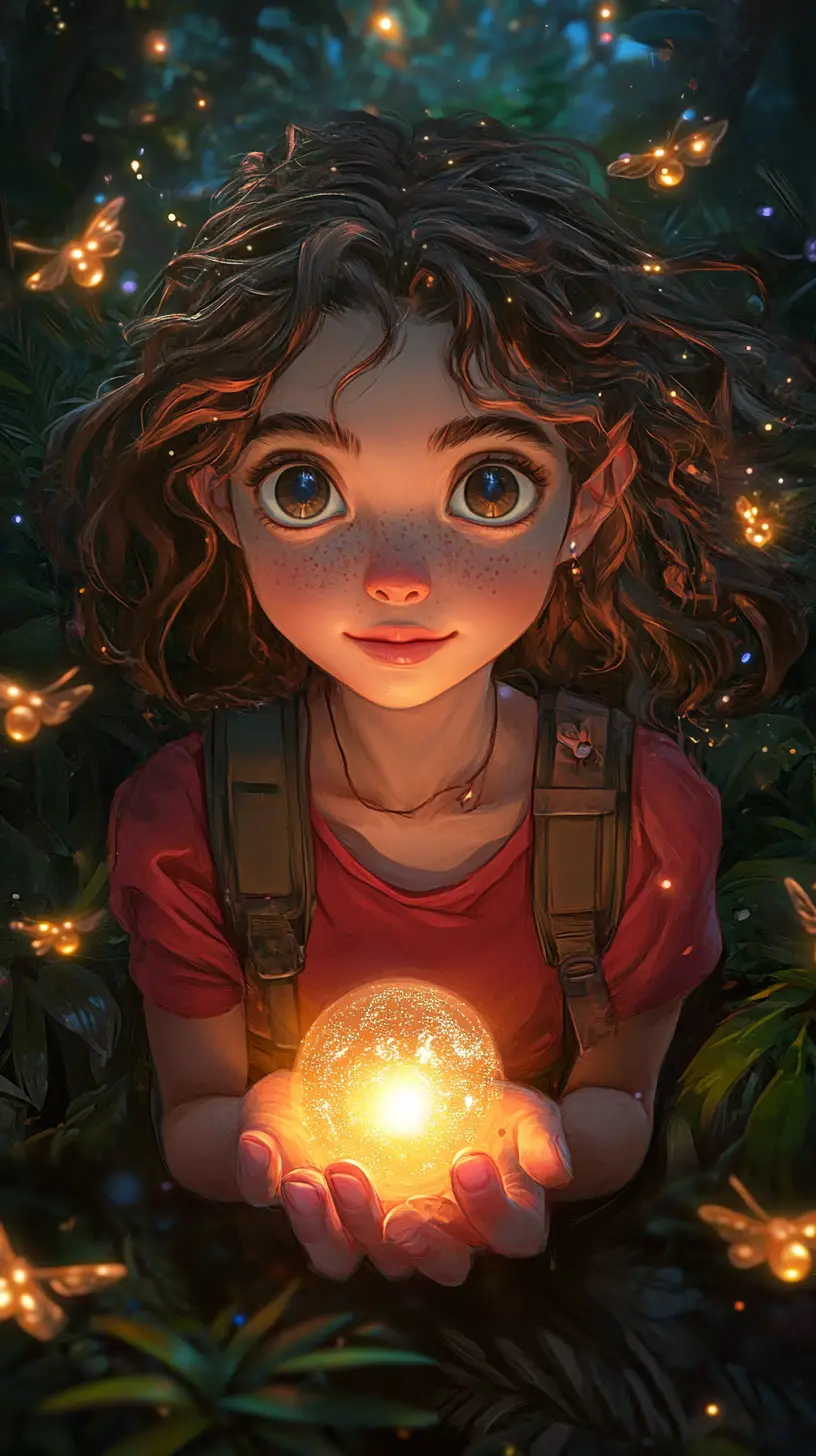 Girl holding glowing light surrounded by magical fireflies