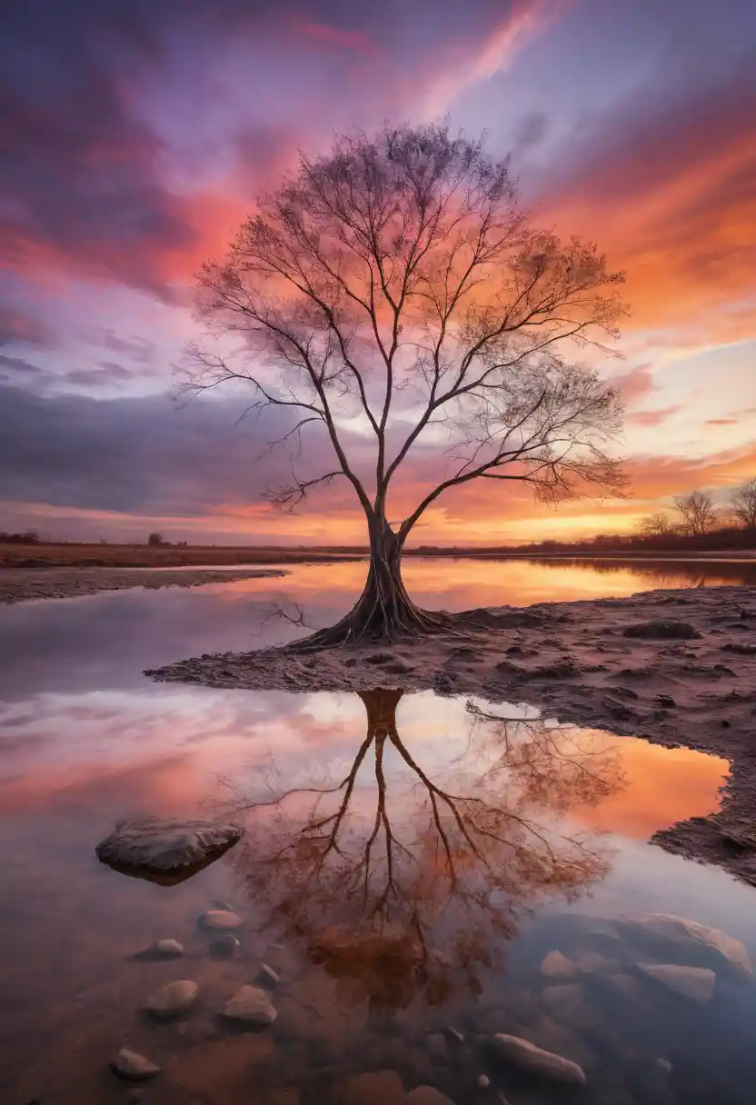 Arbre solitaire au bord d’une rivière calme au coucher de soleil coloré