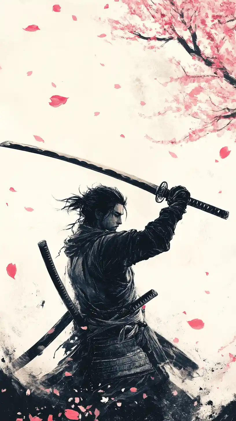 Samurai in meditation raising katana amid cherry blossoms