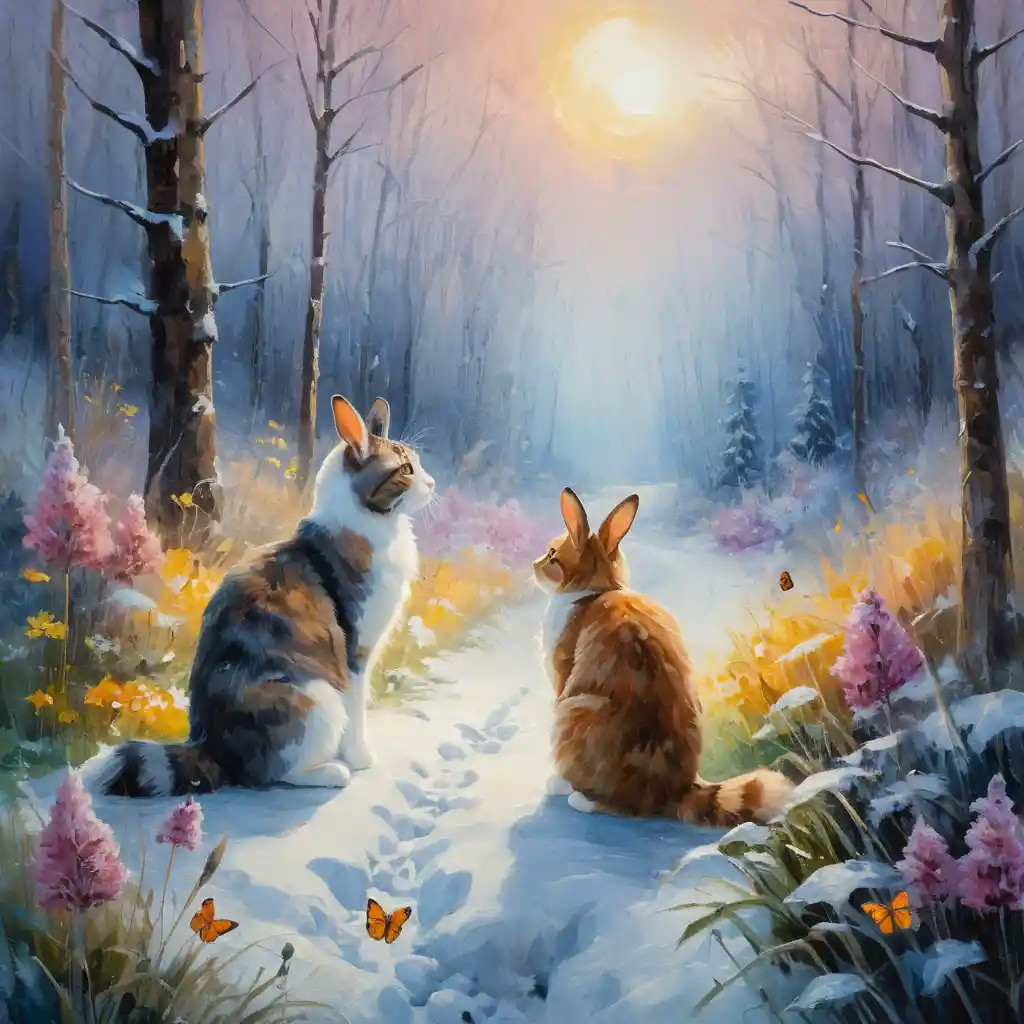 Rabbit and cat watching butterflies in a snowy winter forest