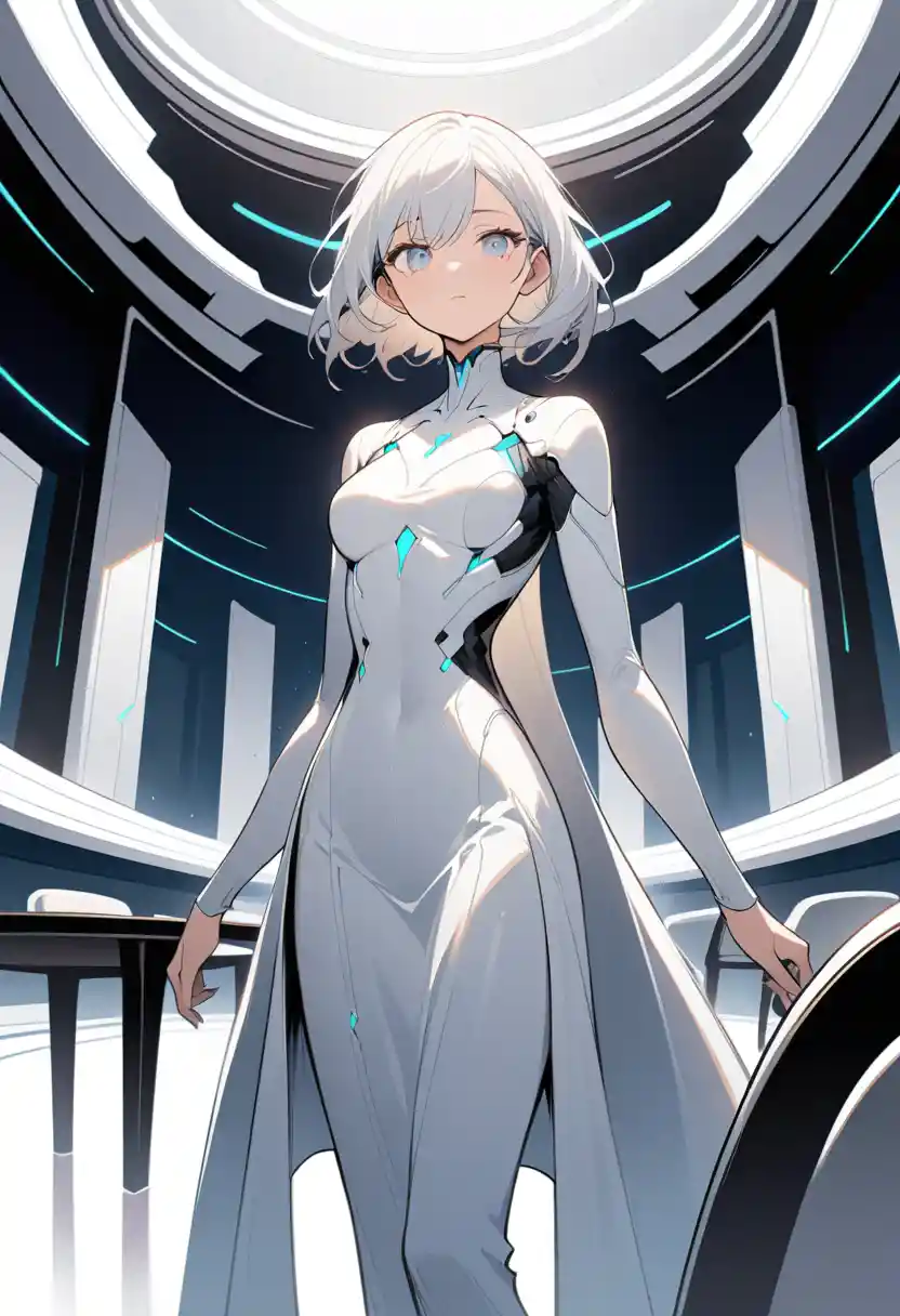 Woman in white robe in serene futuristic dining interior