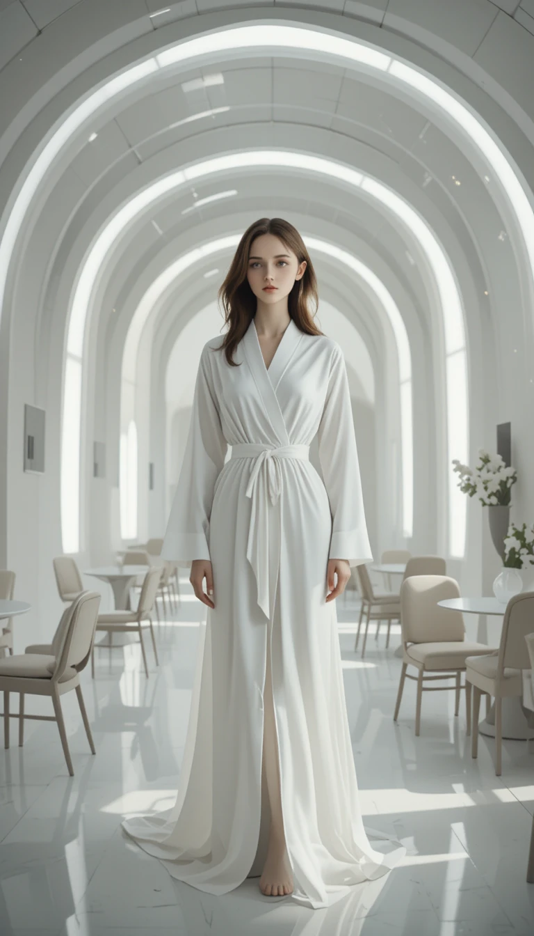 Woman in white robe in serene futuristic dining interior