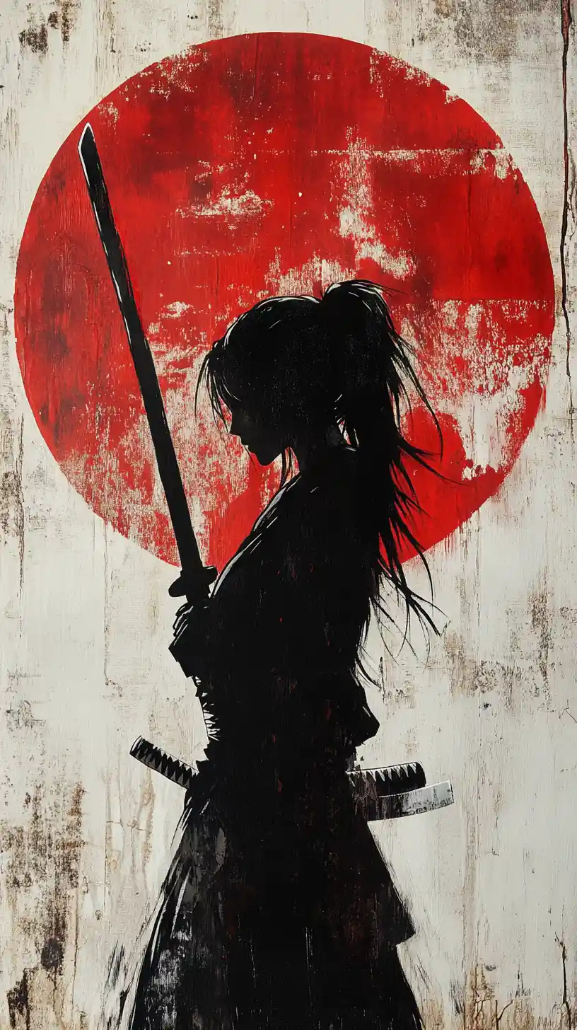 Silhouette einer Samurai-Kriegerin, die ein Katana gegen eine rote Sonne erhebt