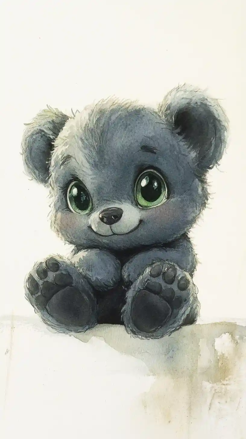 Verspielter Aquarell-Teddybär mit leuchtend grünen Augen