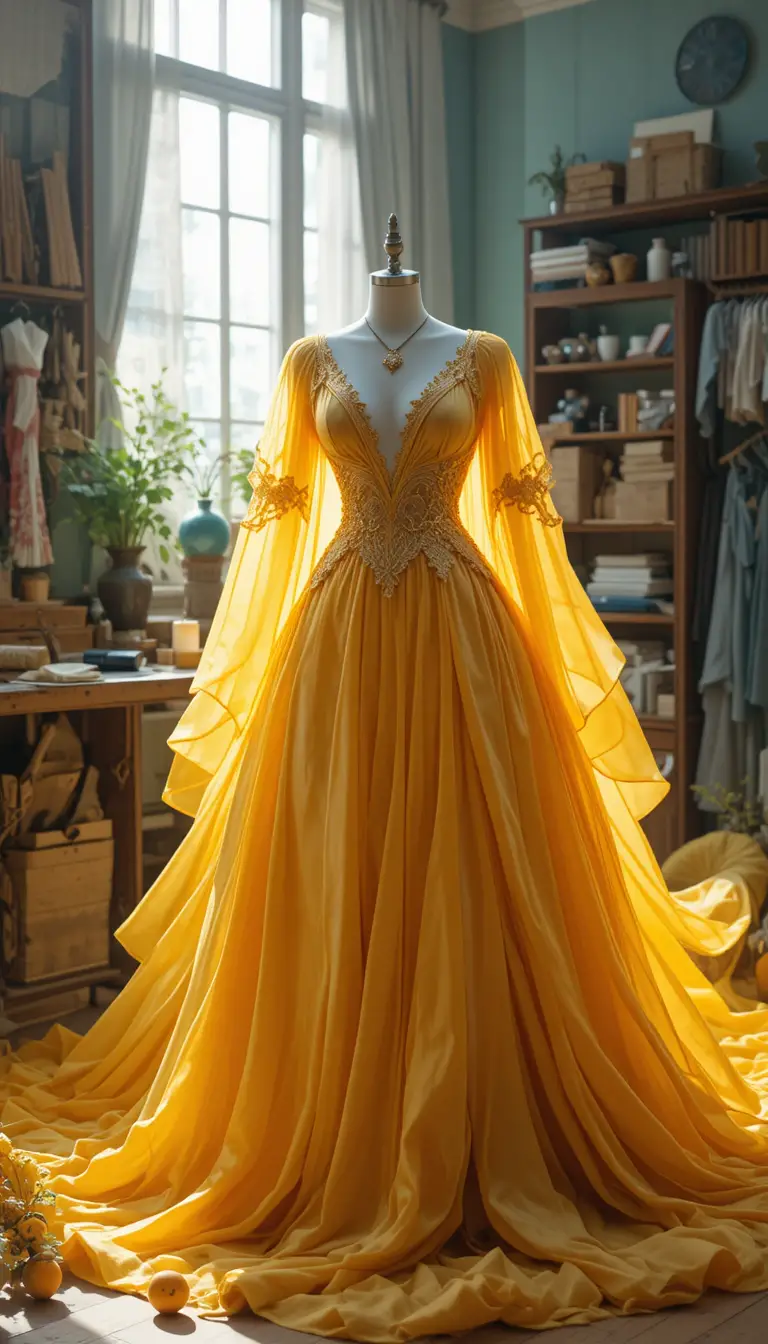 Amber like designer dress on mannequin in sewing studio