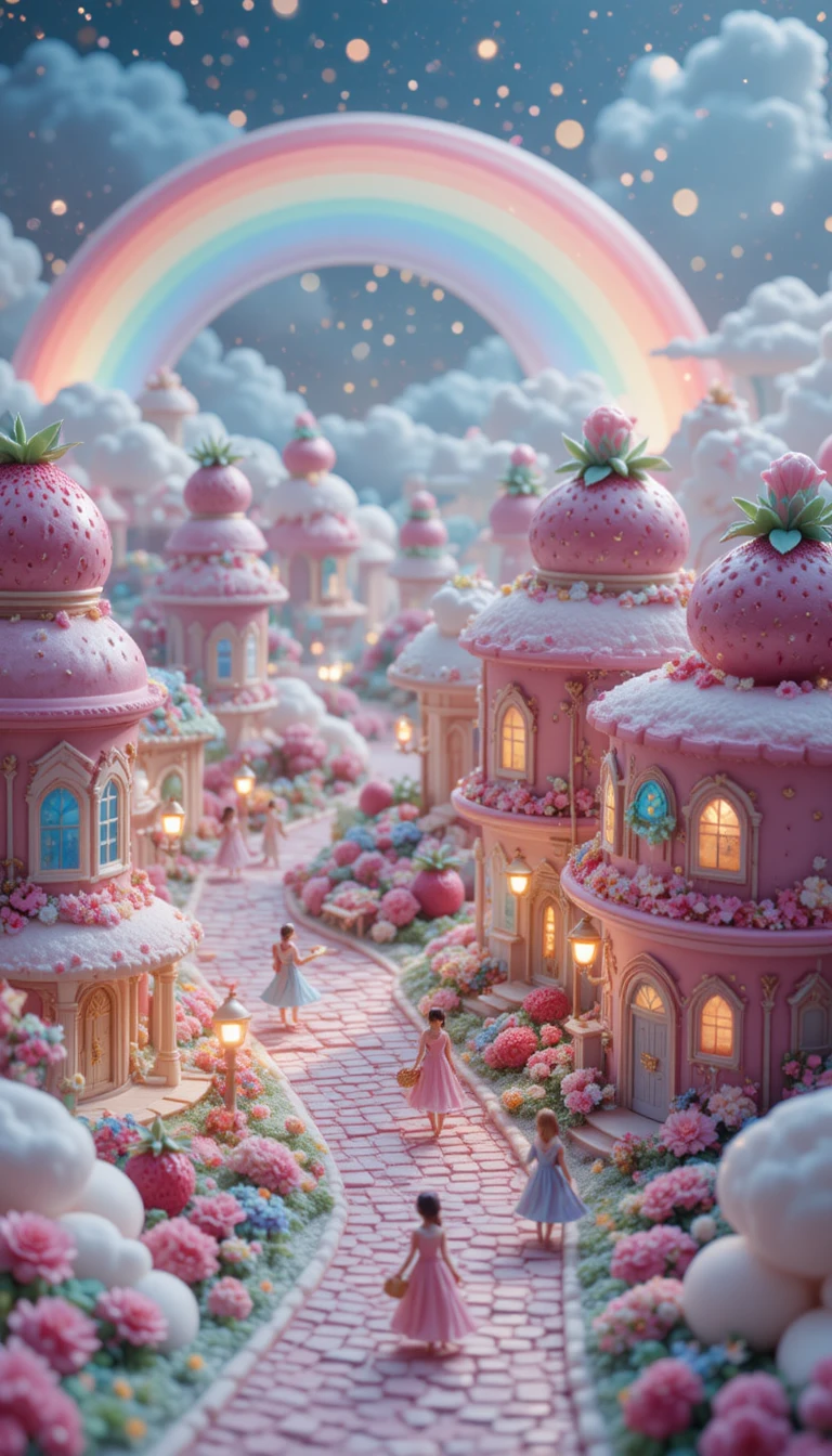 Pastel fantasy town of candy shaped buildings at dusk