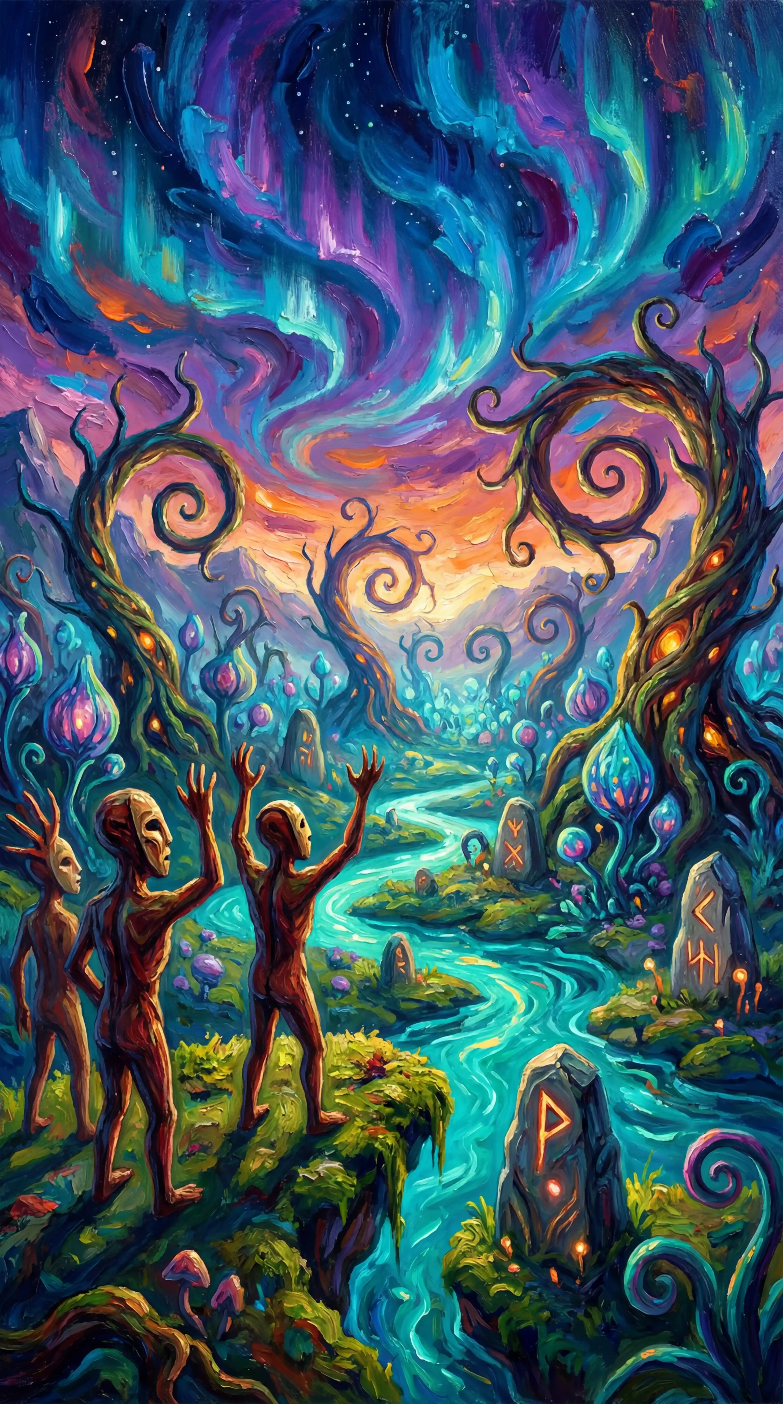Figuras proto-humanas místicas em uma paisagem primordial brilhante